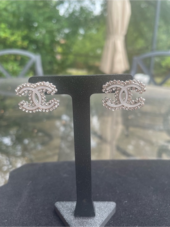 Fashion Jewelry Jewelry - CC Logo Stud Earrings - Silver and White